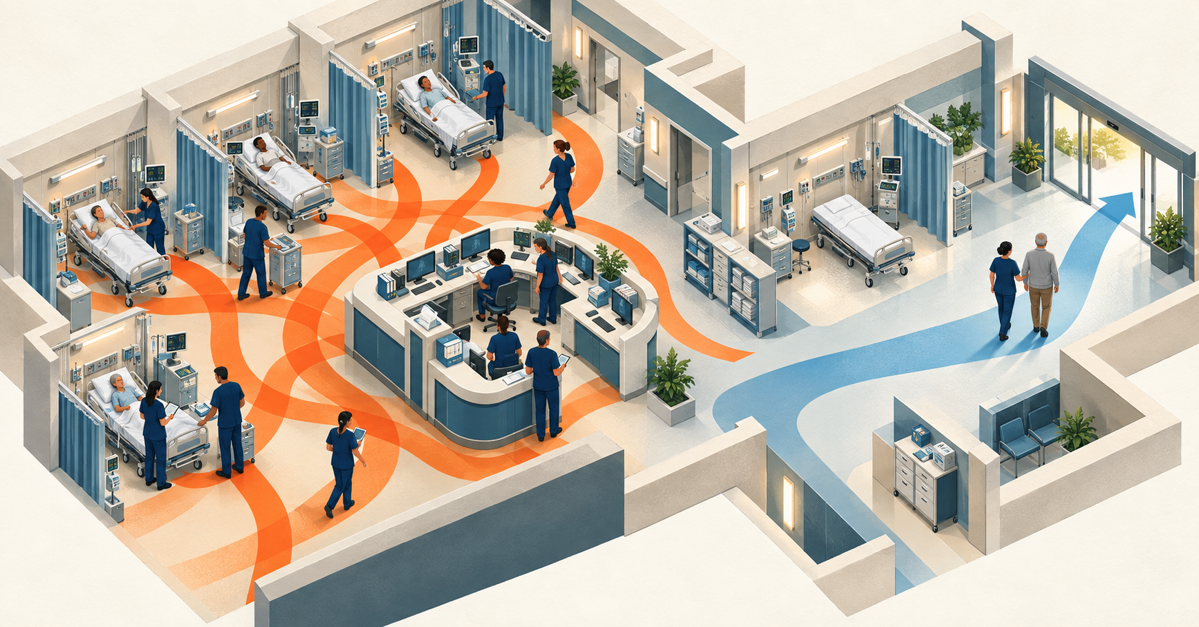 Illustration of an emergency department with overlapping orange paths around occupied beds and a clear blue path leading a discharged patient toward the exit.
